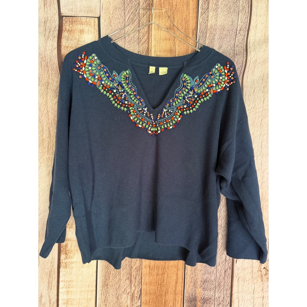 Moth Anthropologie Embellished Sweater Jeweled Neckline Navy Wool Blend Medium